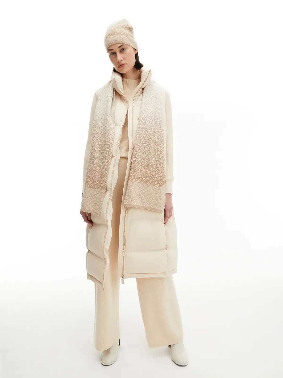Calvin Klein MONOGRAM KNIT SCARF Kadın Krem Atkı