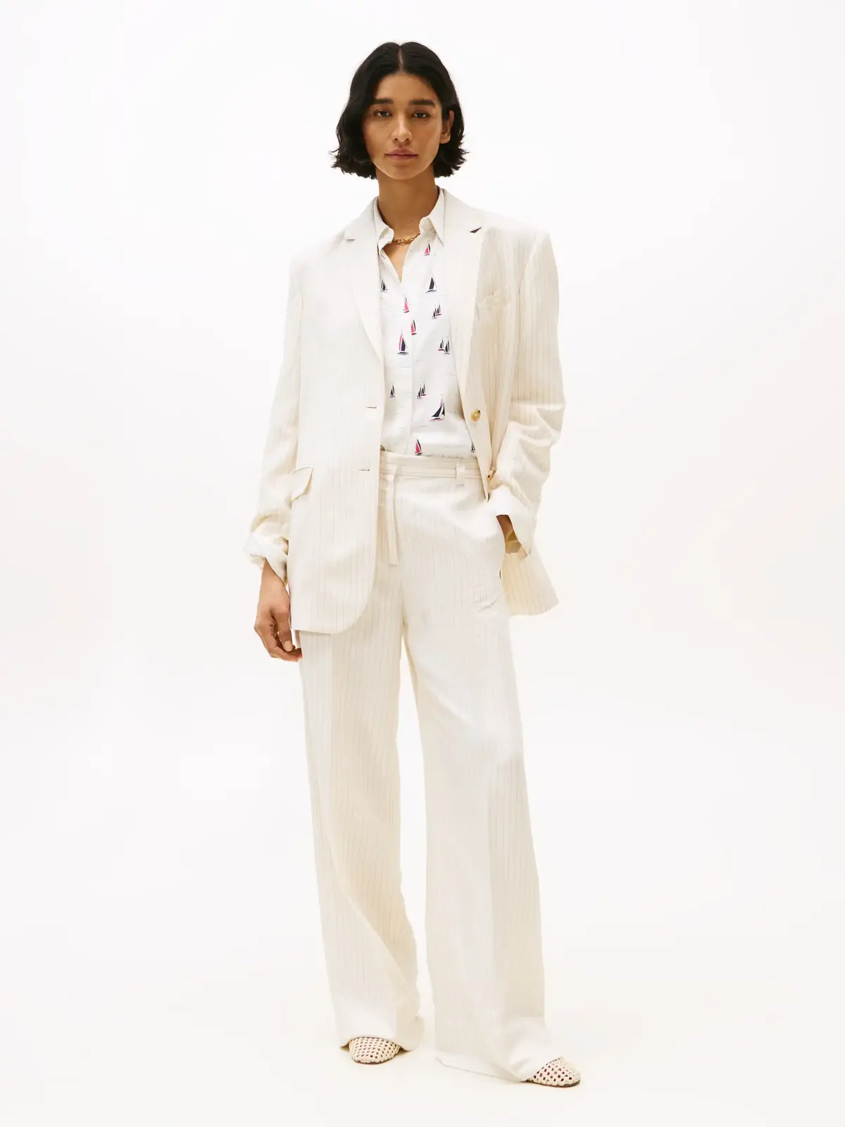 Tommy Hilfiger VISCOSE LINEN WIDE L, 03N Krem Kadın Pantolon