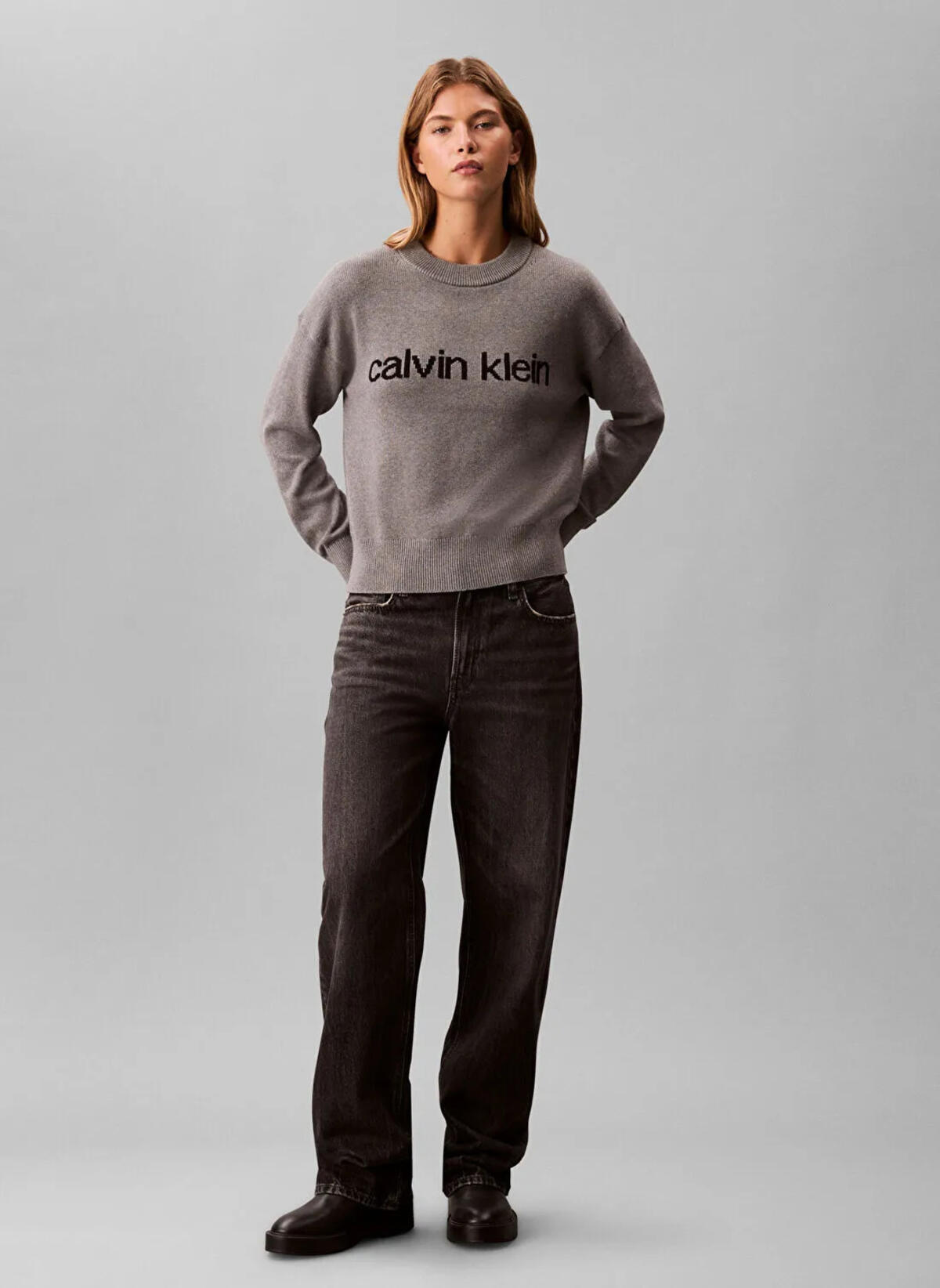 Calvin Klein Cotton Graphic Pullover Gri Kadın Sweatshirt