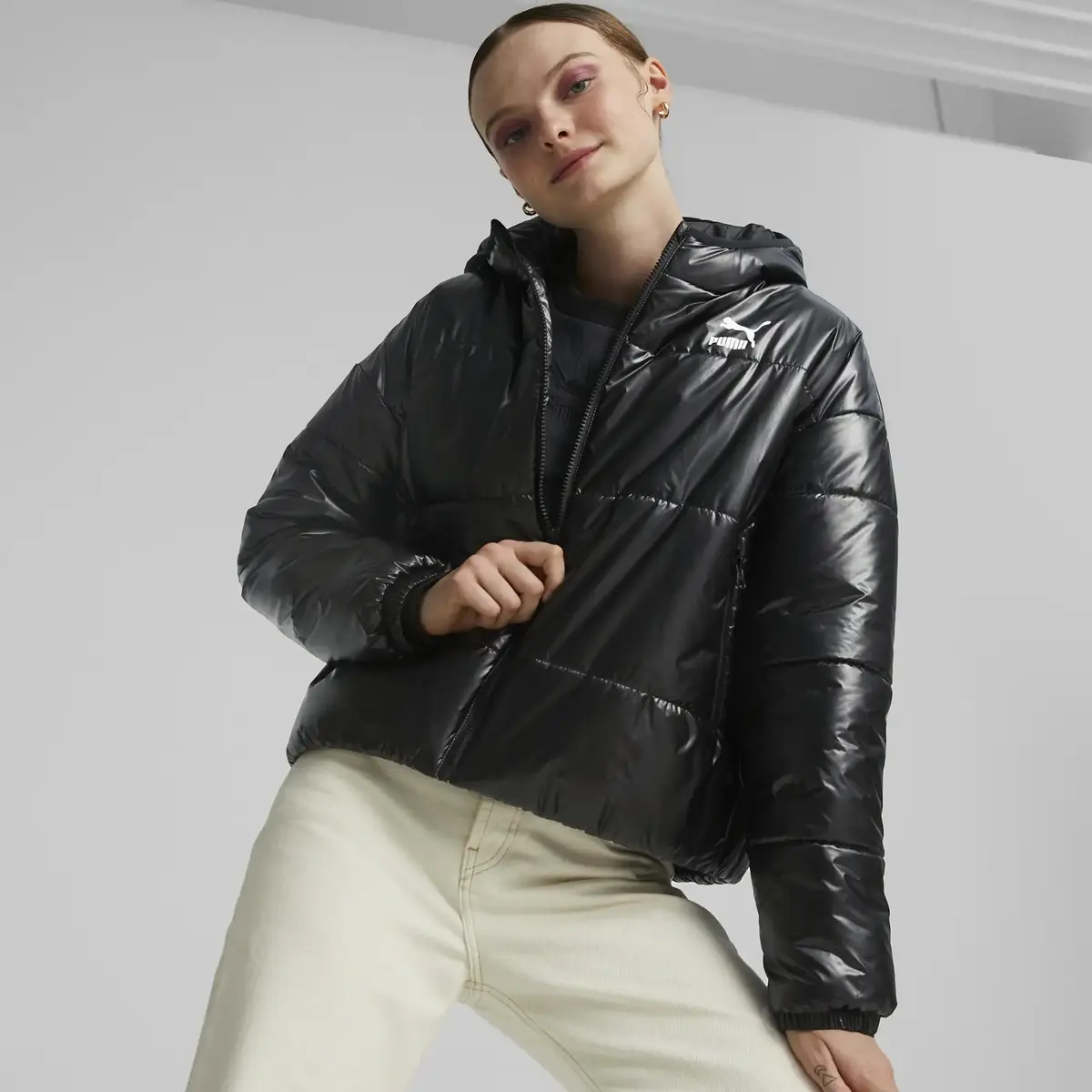 Puma Classics Shiny Padded Jacket Siyah Parlak Kadın Kapüşonlu Şişme Mont