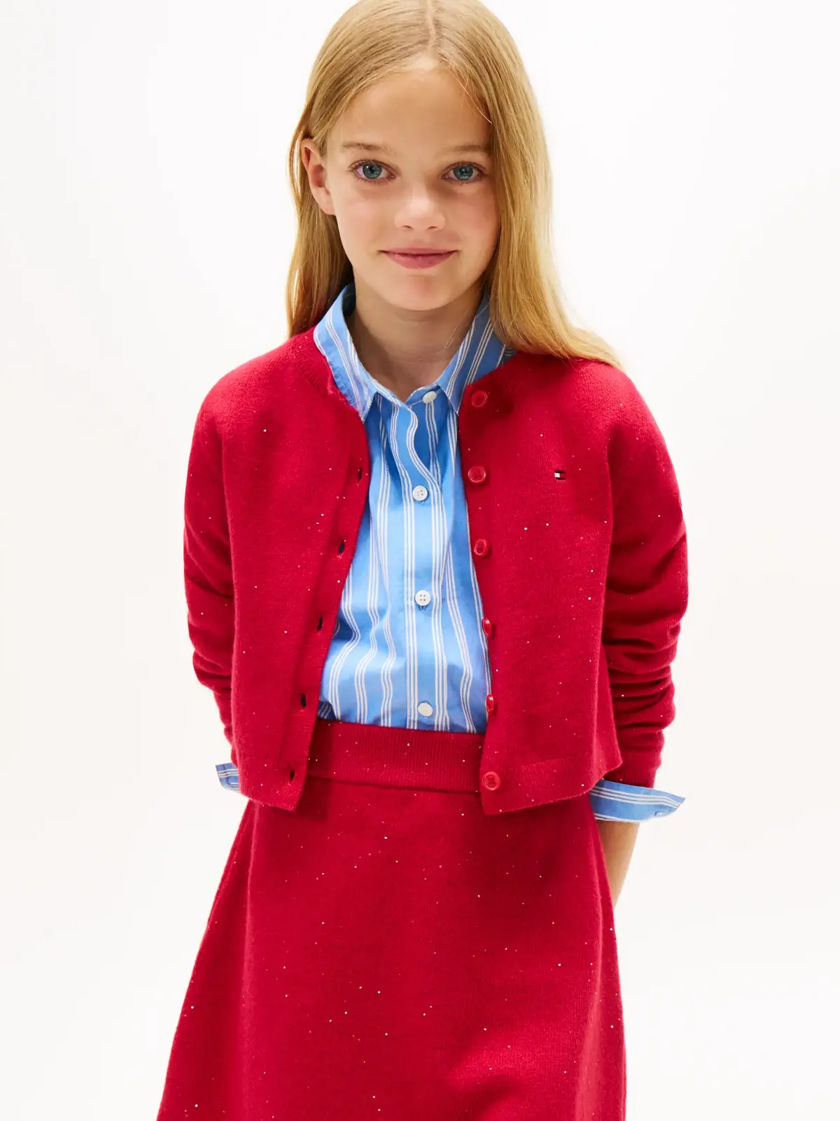 Tommy Hilfiger Sequin Rib-Knit Slim Cardigan Kırmızı Kız Çocuk Hırka