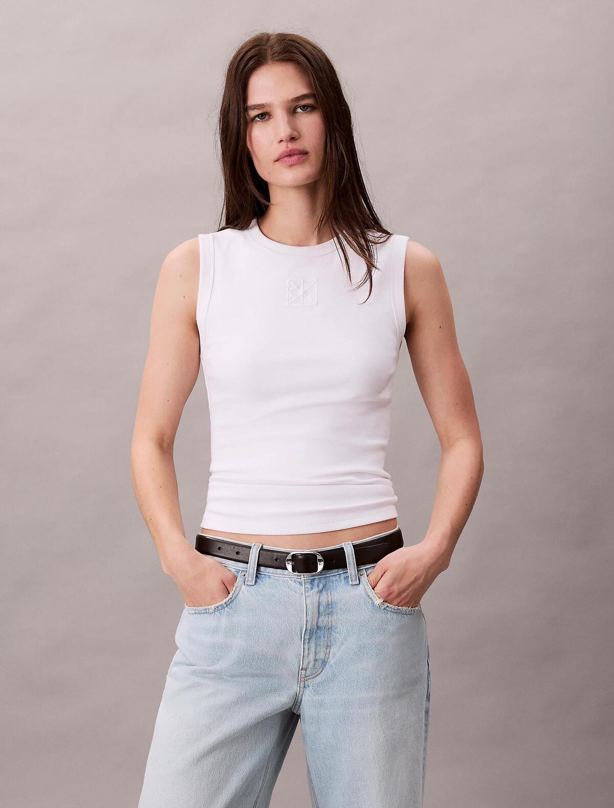 Calvin Klein SL REFINED RIB EMBLE, YAA Beyaz Kadın Bluz