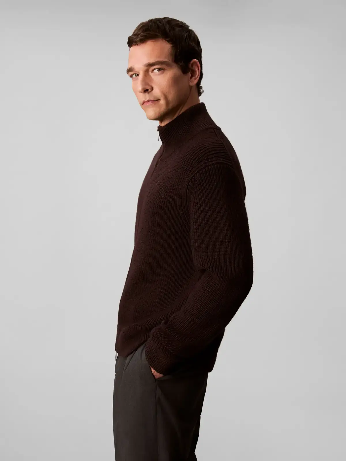Calvin Klein LS FZ TEXTURE STITCH Kahverengi Erkek Fermuarlı Kazak