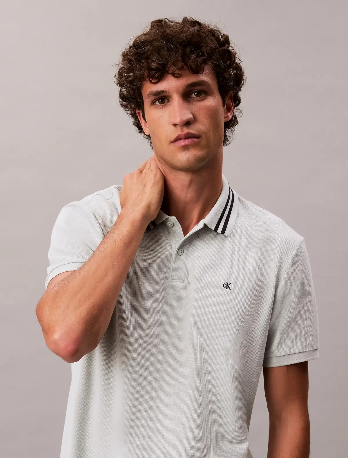 Calvin Klein SS MONOGRAM PIQUE TI, CHE Açık Gri Erkek Polo T-Shirt