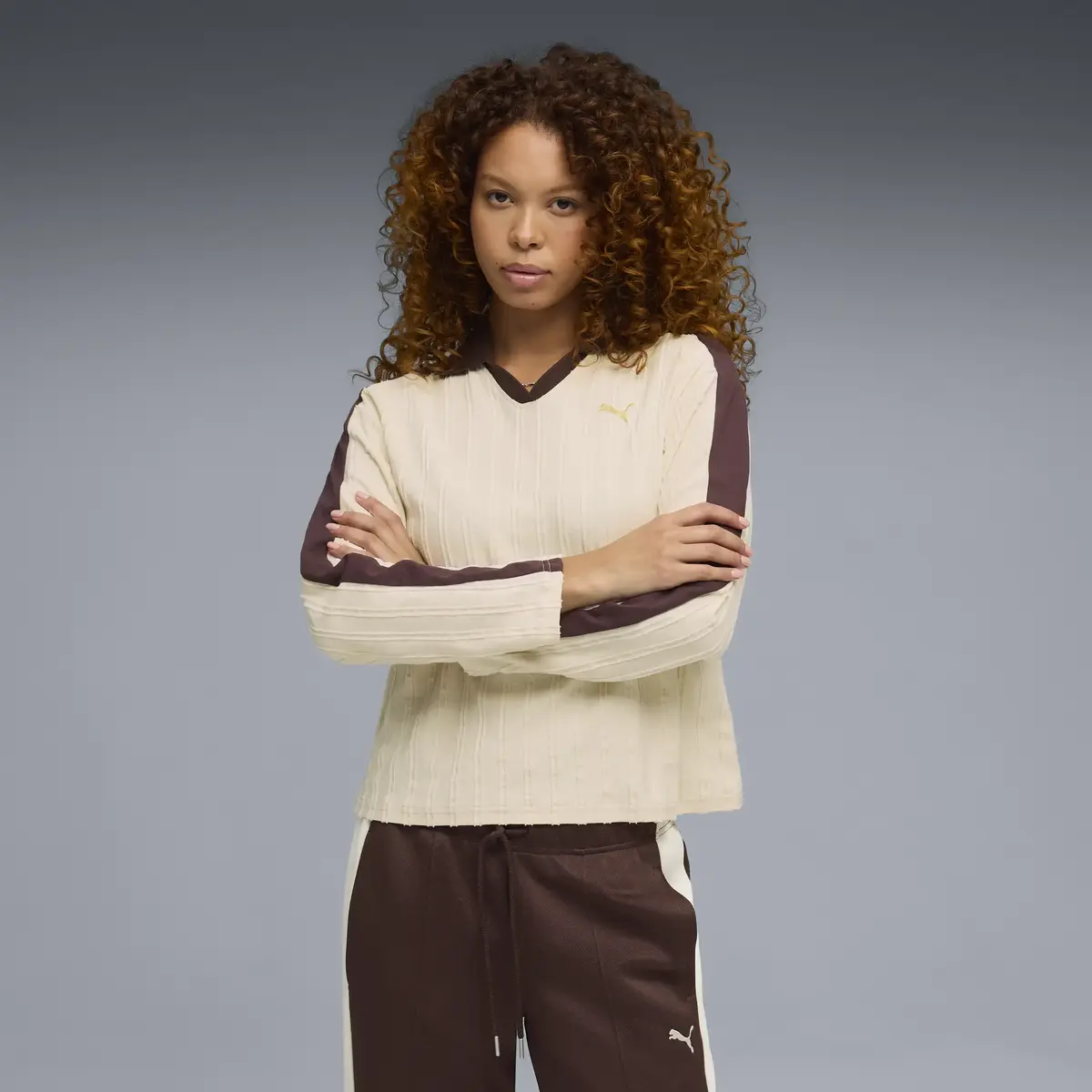 Puma T7 Relaxed Long Sleeve Polo Açık Kahve Kadın Polo Sweatshirt