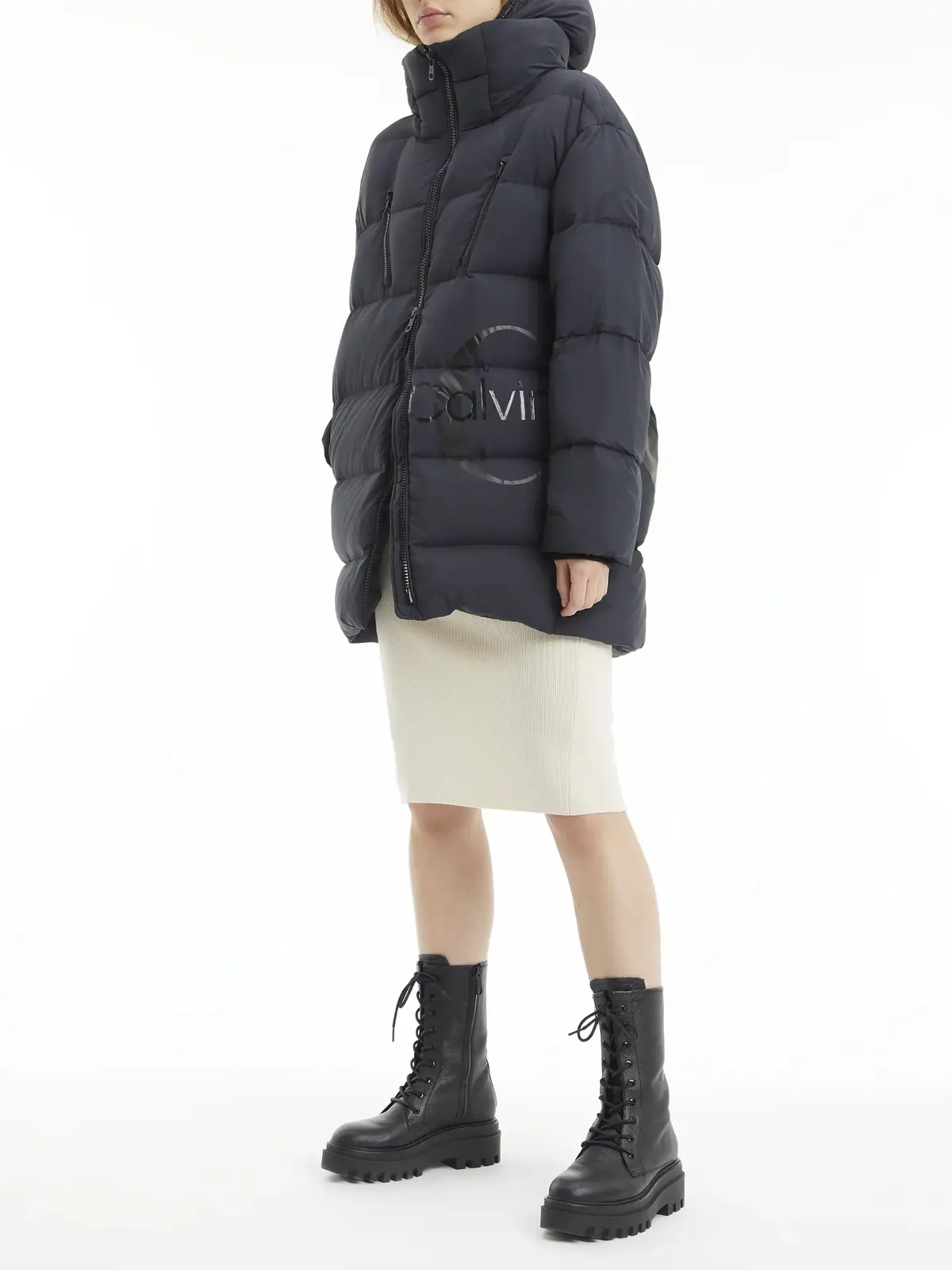 Calvin Klein SIDE MONOLOGO COCOON Kadın Siyah Şişme Mont