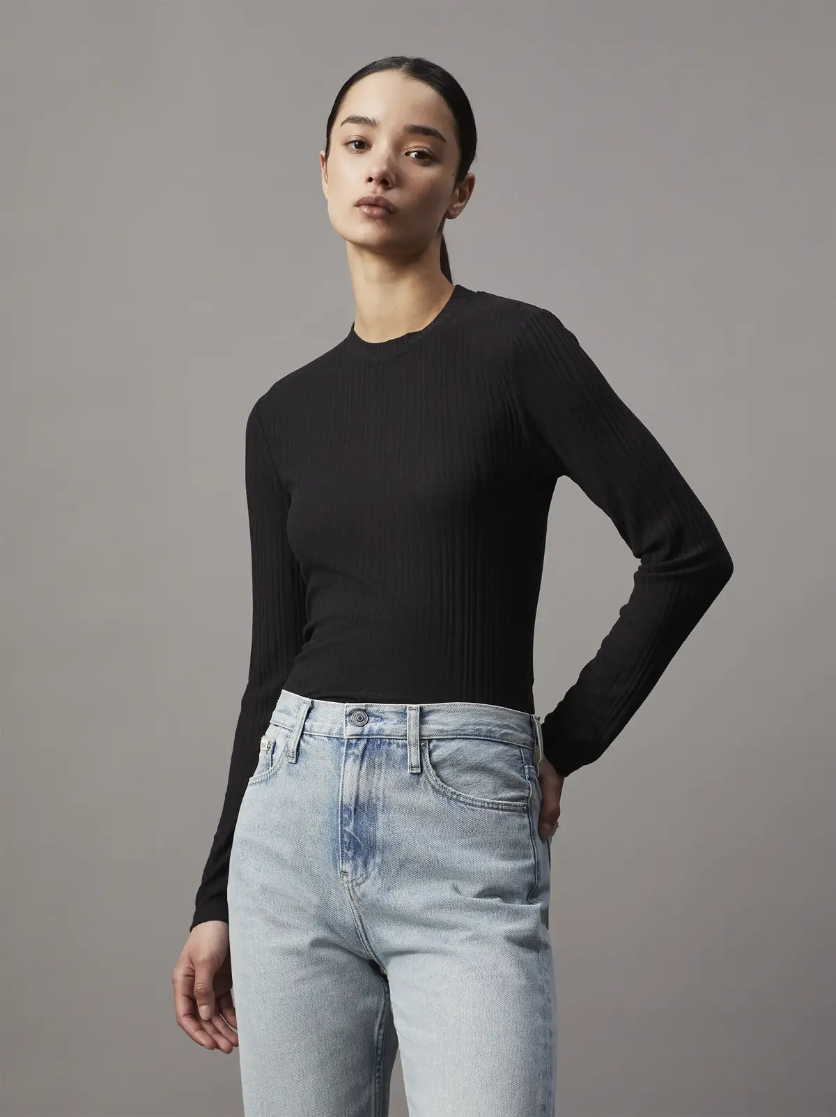 Calvin Klein SEMI SHEER RIB LS SL, BEH Kadın Siyah Kazak