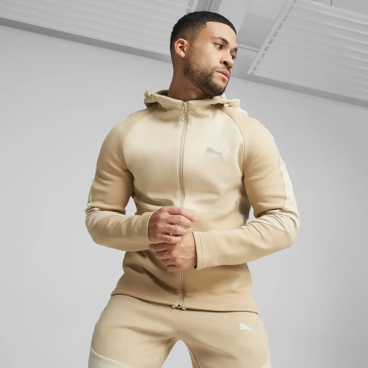Puma EVOSTRIPE Full-Zip Hoodie Bej Erkek Sweatshirt