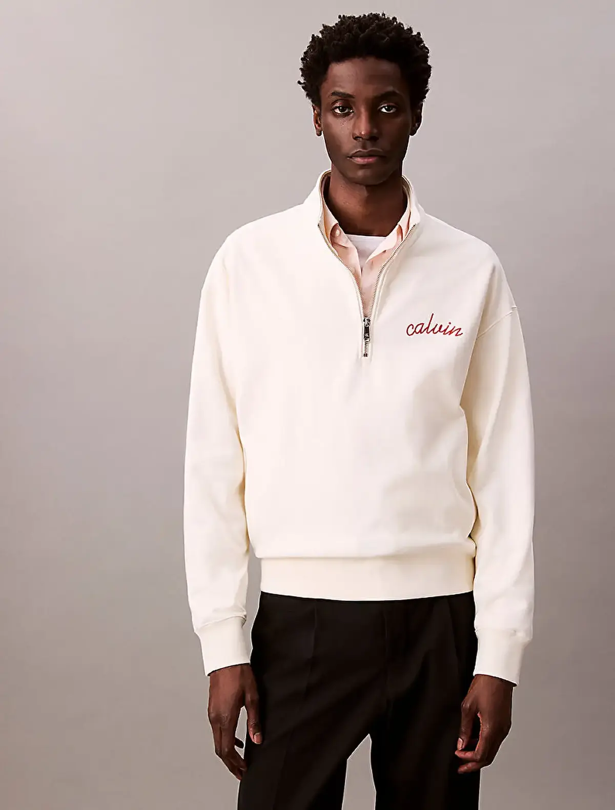 Calvin Klein PREMIUM TERRY CHAIN STITCH QTR Z Bej Erkek Sweatshirt Calvin Klein PREMIUM TERRY CHAIN STITCH QTR Z Bej Erkek Sweatshirt