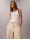 Calvin Klein SL COTTON RIB STRIPE, XE3 Beyaz Kadın T-Shirt