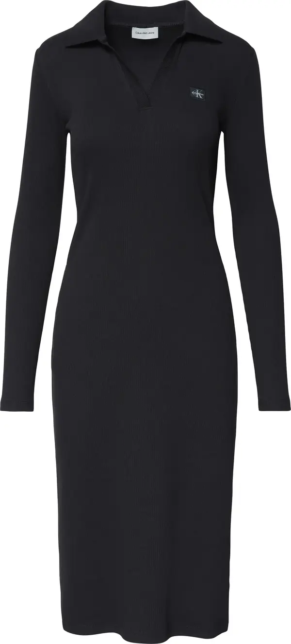 Calvin Klein LS WOVEN LABEL JOHNNY COLLAR MID Kadın Siyah Elbise