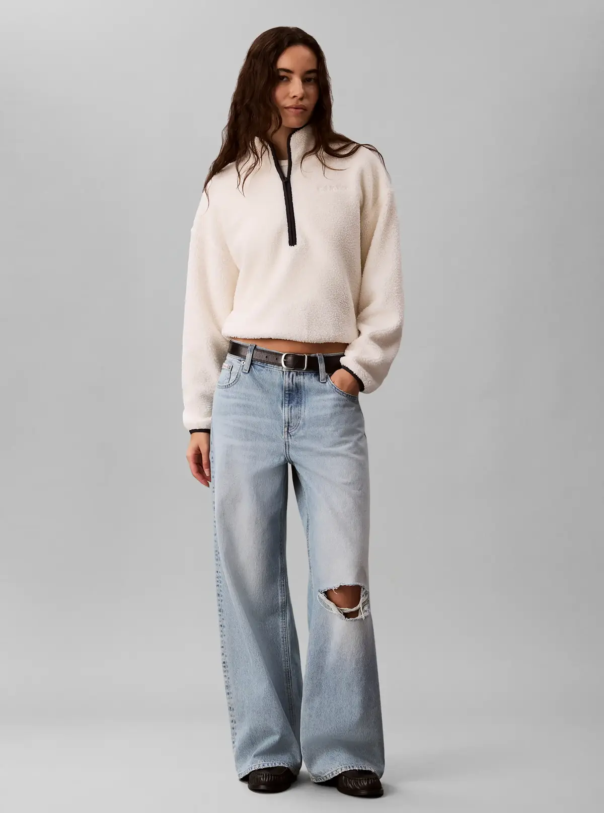 Calvin Klein SHERPA 1/4 ZIP CONTR, YAS Bej Kadın Sweatshirt