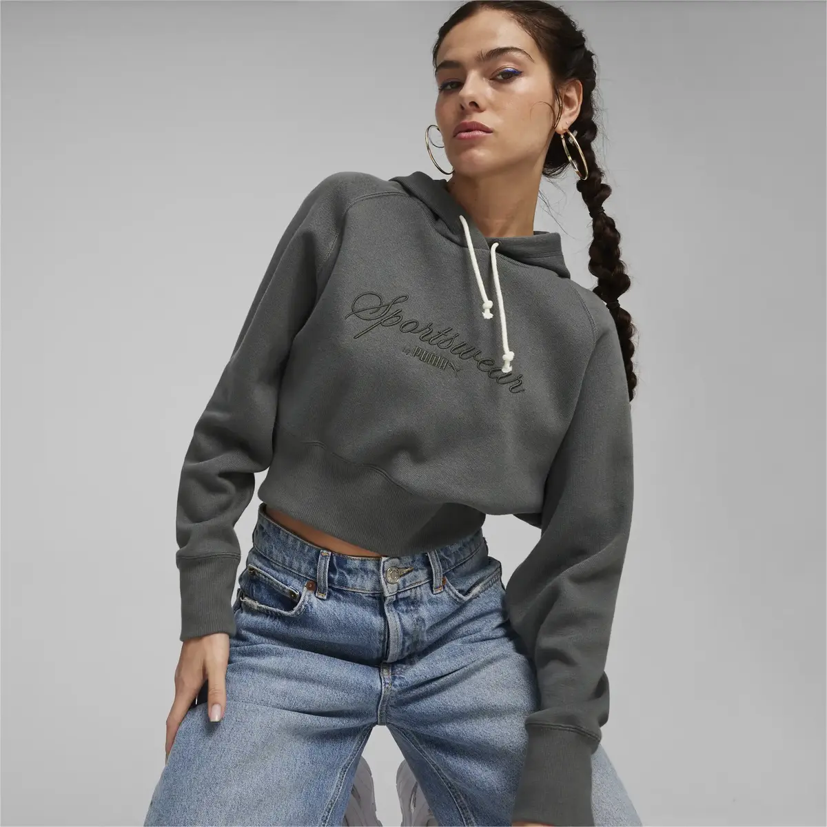 Puma CLASSICS+ Relaxed Cropped Hoodie Koyu Gri Kadın Hoodie