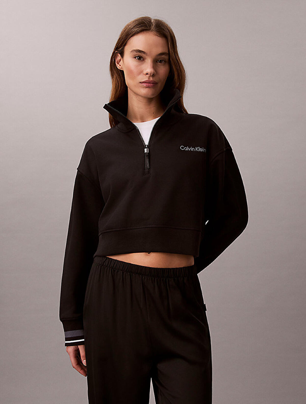 Calvin Klein 1/4 ZIP SWEATER WITH, UB1 Siyah Kadın Sweatshirt