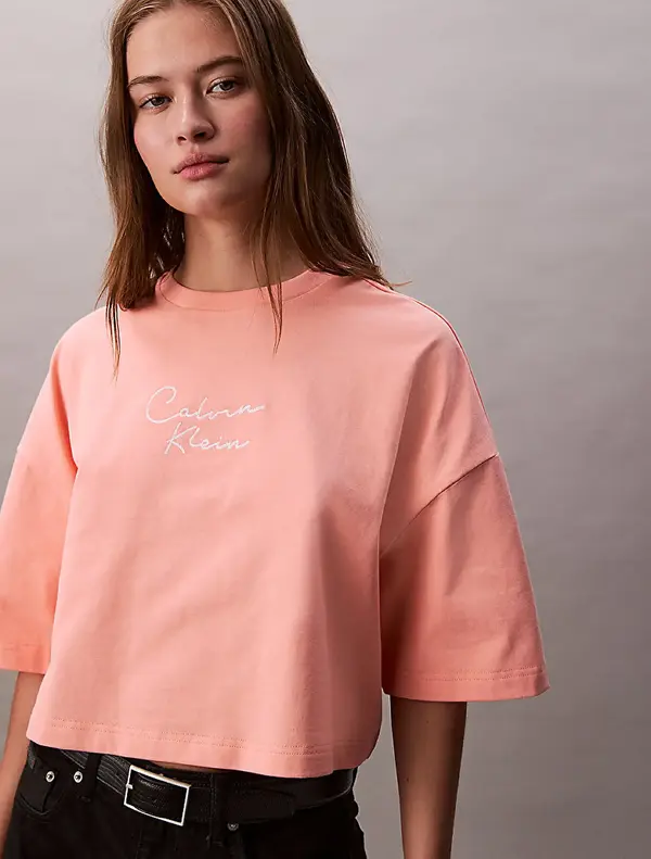 Calvin Klein CROPPED BOXY CHAIN STITCH LOGO T Turuncu Kadın Tişört
