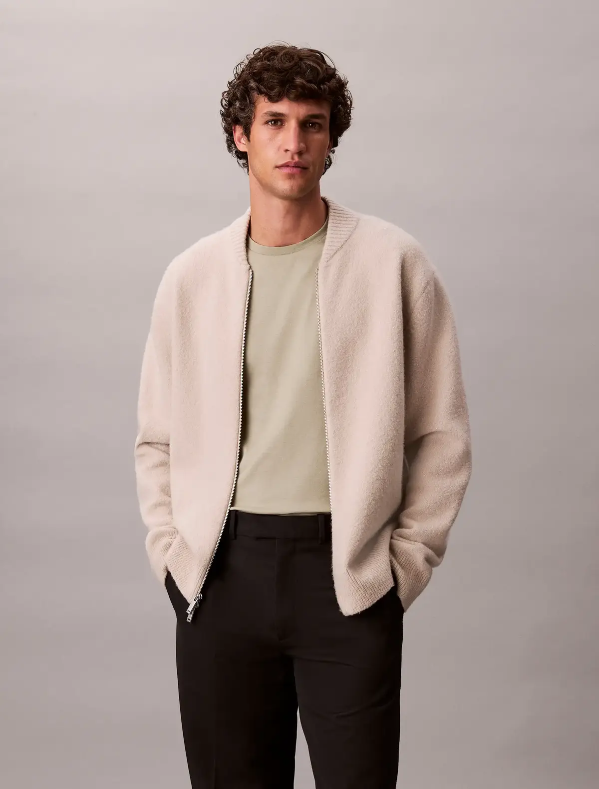 Calvin Klein LS BOMBER CASHMERE Bej Erkek Kaşmir Karışımlı Fermuarlı Ceket