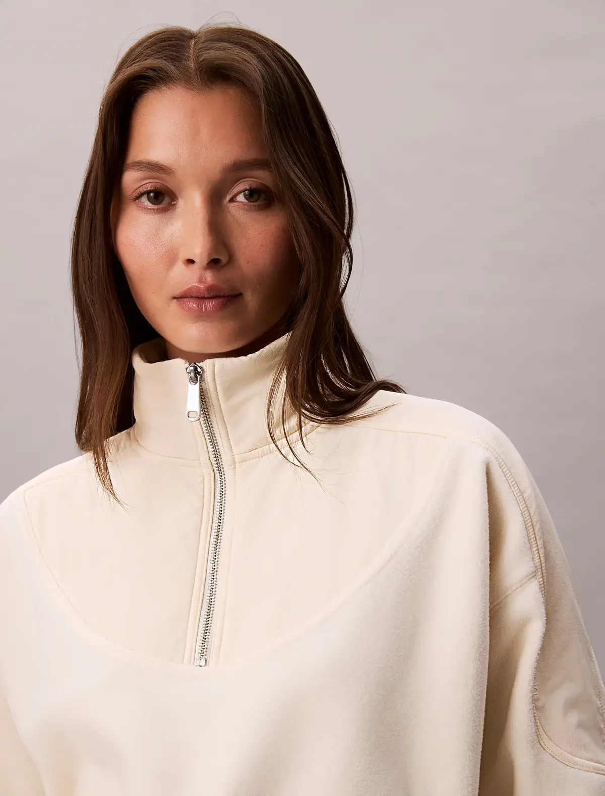 Calvin Klein 1/4 ZIP MIXED MEDIA, YAS Krem Kadın Sweatshirt