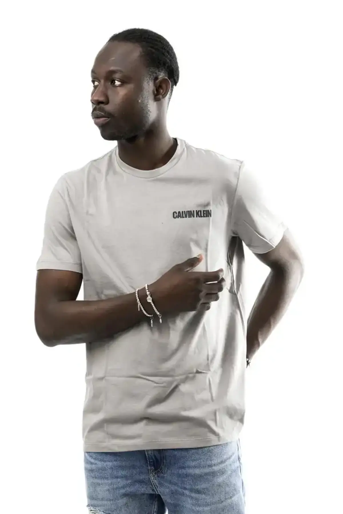 Calvin Klein SS 30s EU WORD STRETCH GRAPHIC T Gri Erkek Tişört