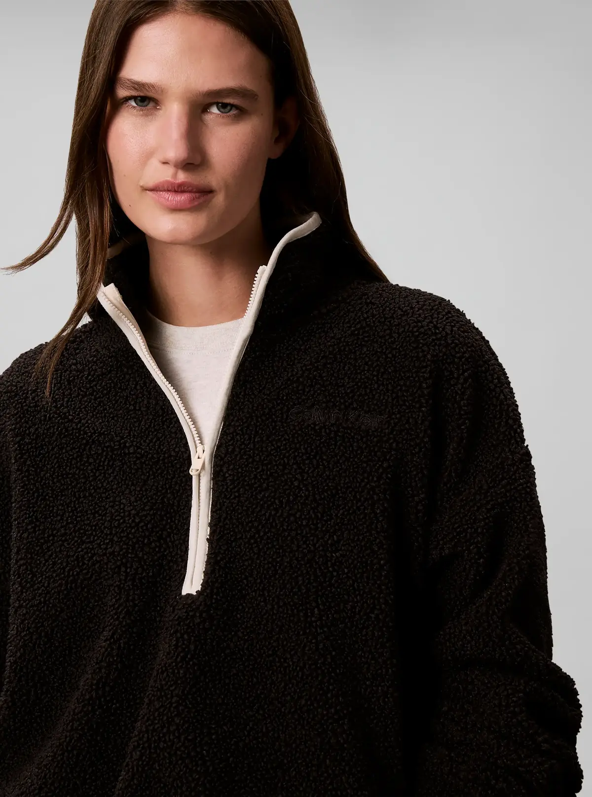 Calvin Klein SHERPA 1/4 ZIP CONTR, UB1 Siyah Kadın Sweatshirt