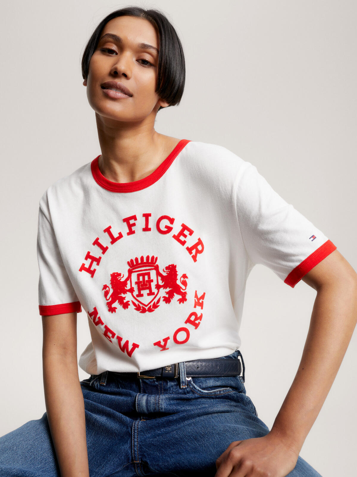 Tommy Hilfiger REG VARSITY FLOCK C- Kadın Krem T-Shirt