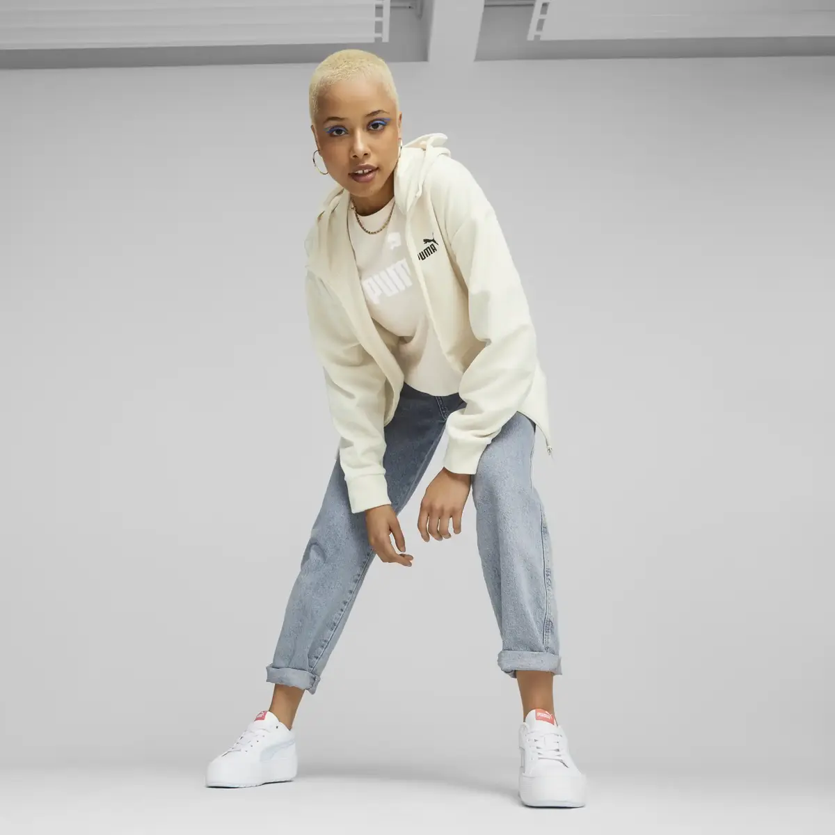 Puma ESS ELEVATED Full-Zip Hoodie Beyaz Kadın Hoodie