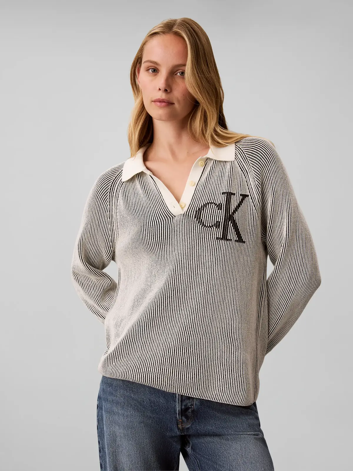 Calvin Klein BICOLOR RIB LOGO POL, UB1 Siyah Kadın Polo