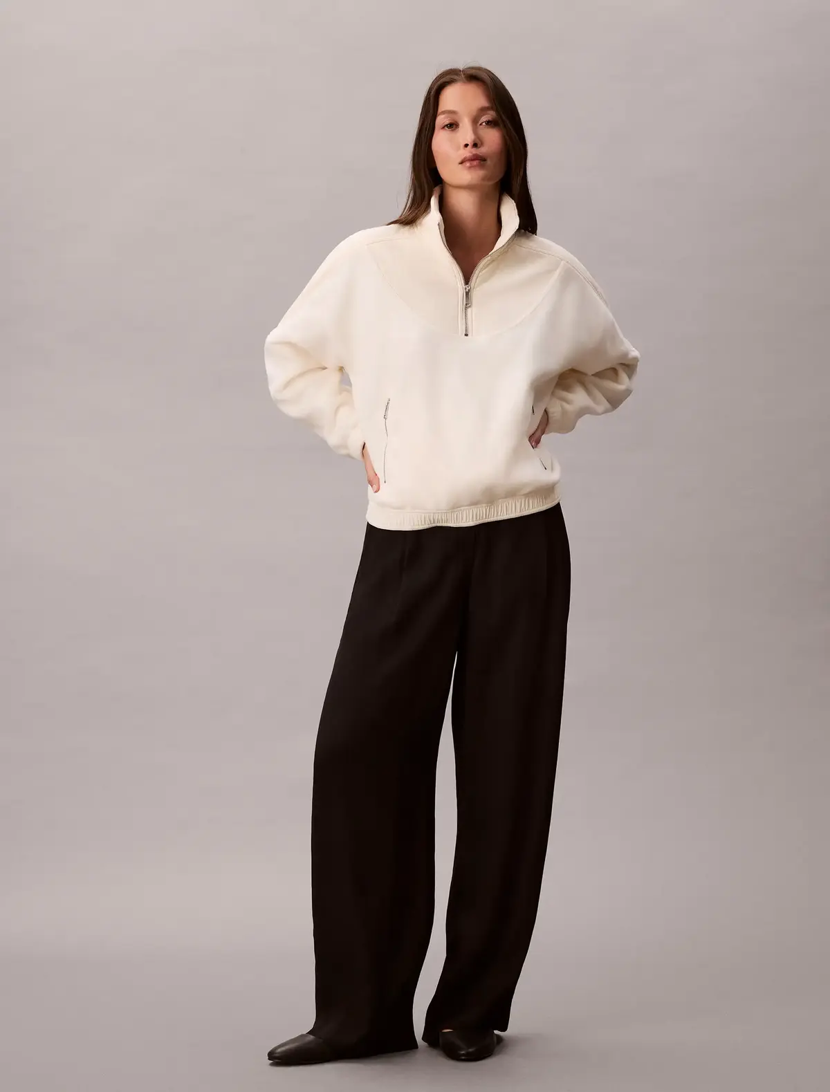 Calvin Klein 1/4 ZIP MIXED MEDIA, YAS Krem Kadın Sweatshirt