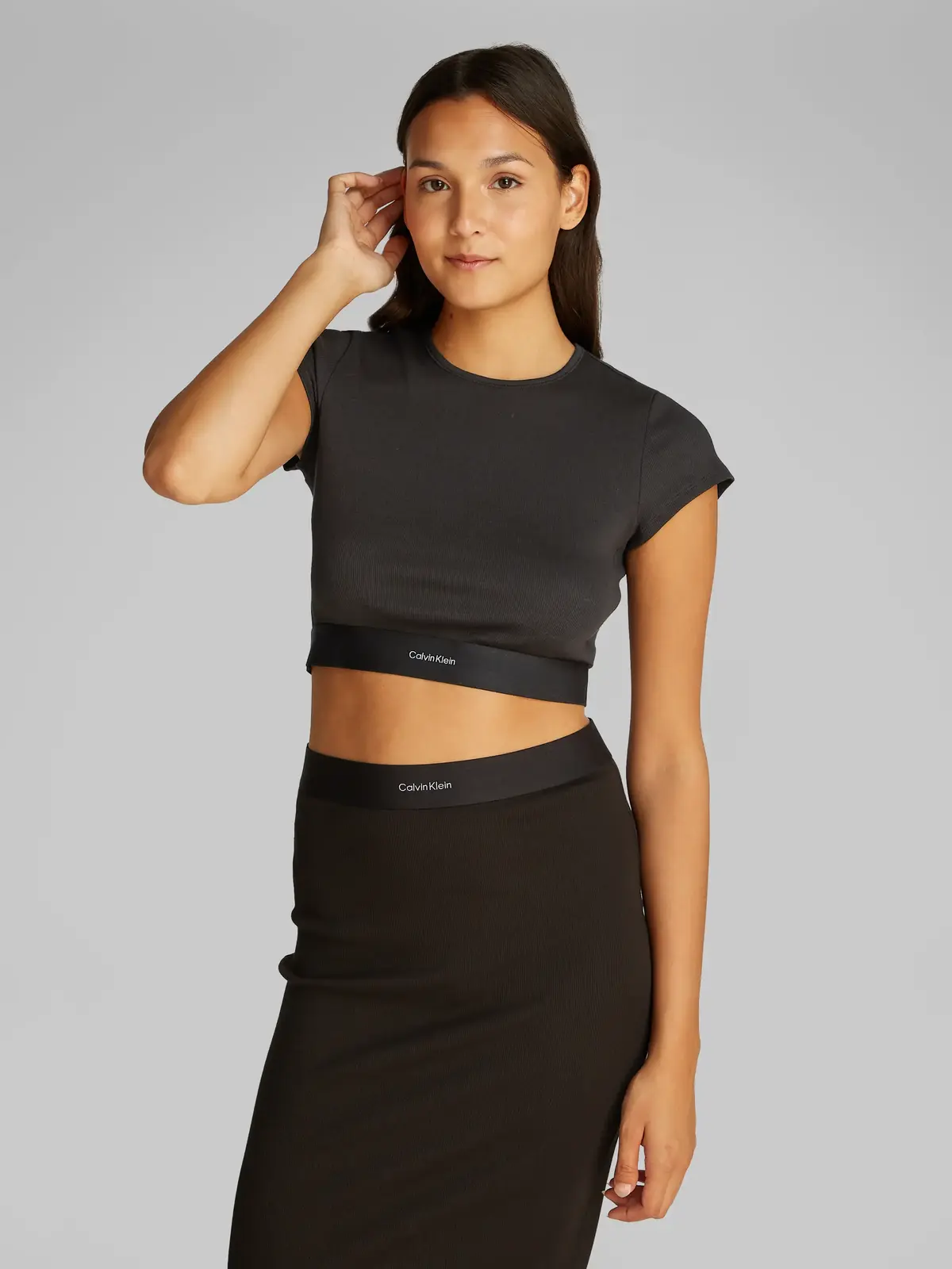 Calvin Klein RIB CROP TEE, UB1 Siyah Kadın T-Shirt & Polo