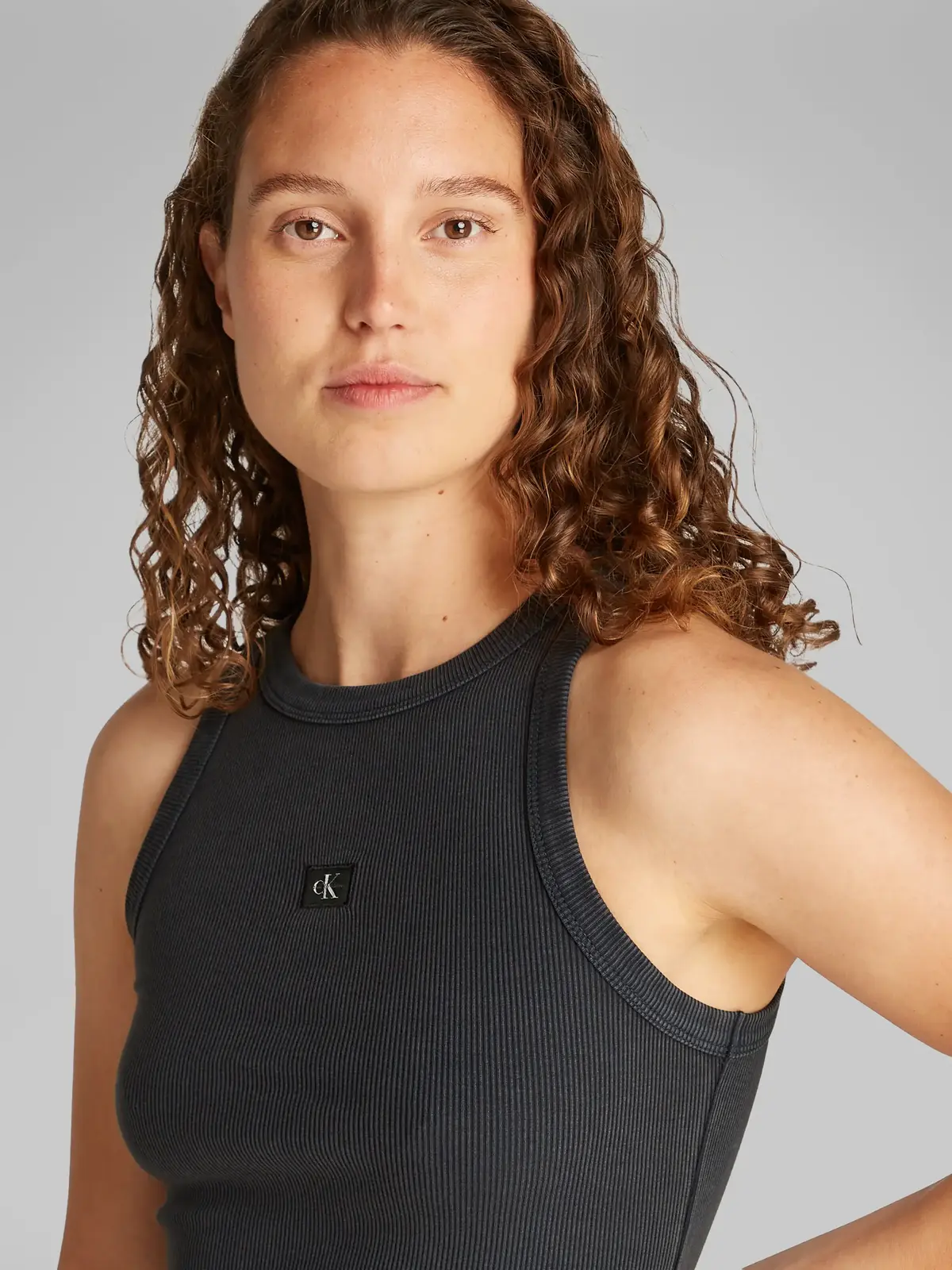Calvin Klein WASHED WOVEN LABEL Siyah Kadın Kolsuz Tişört
