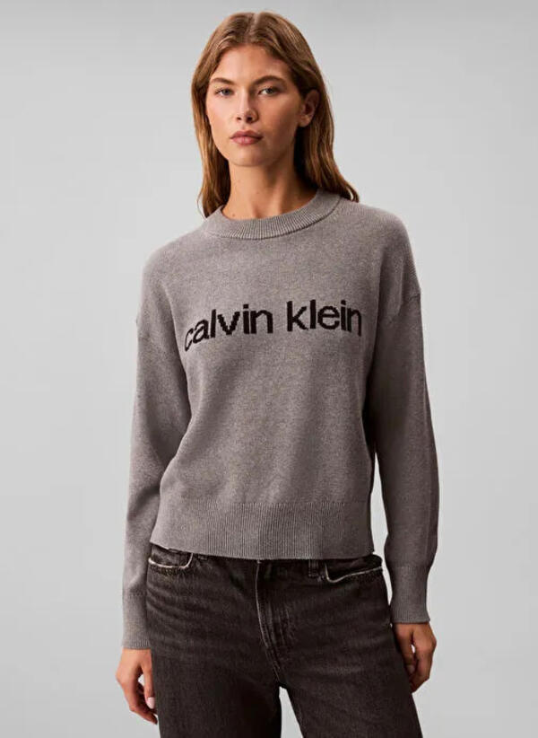 Calvin Klein Cotton Graphic Pullover Gri Kadın Sweatshirt