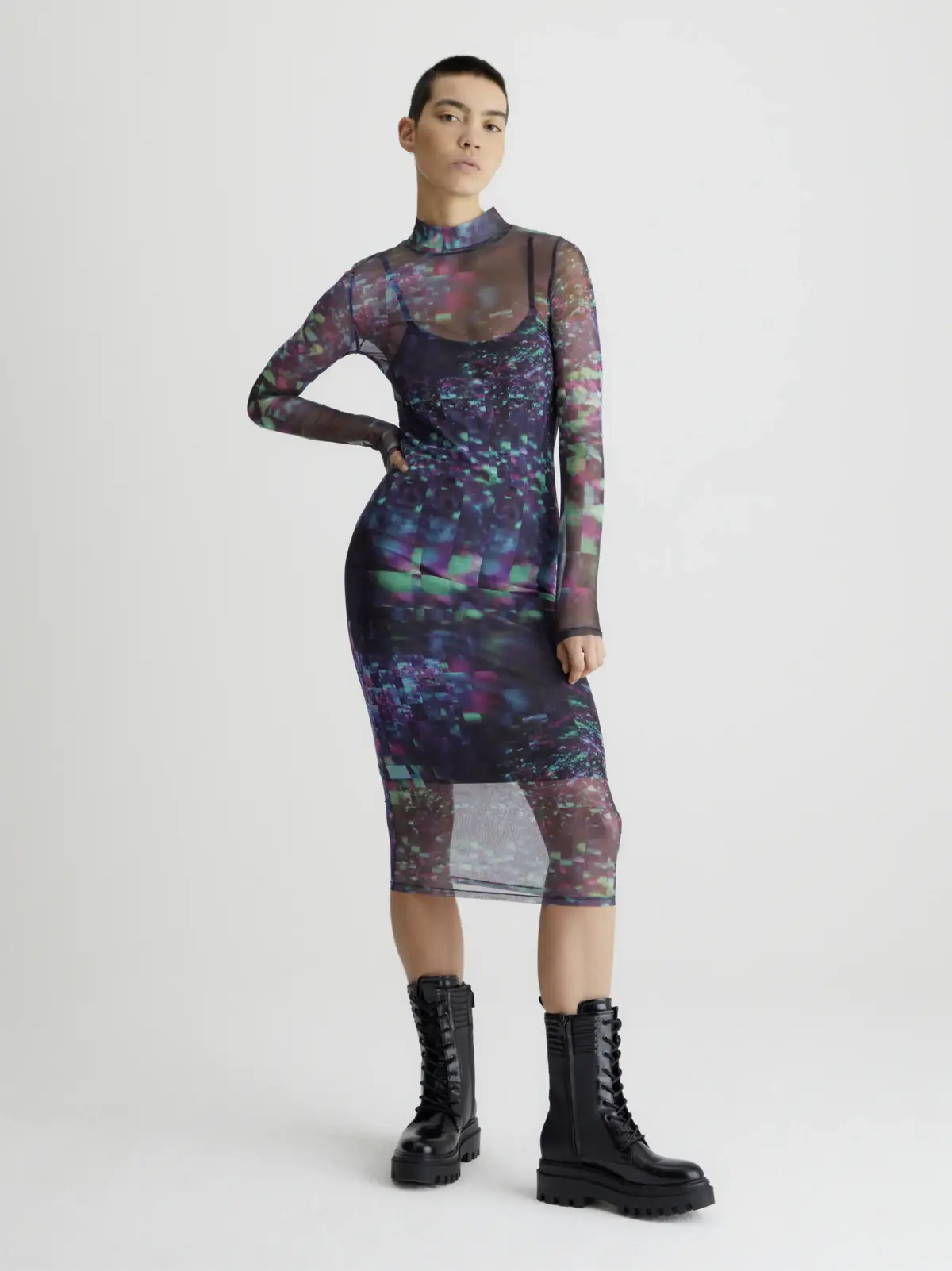 Calvin Klein AOP MESH LONG SLEEVE Kadın Renkli Elbise