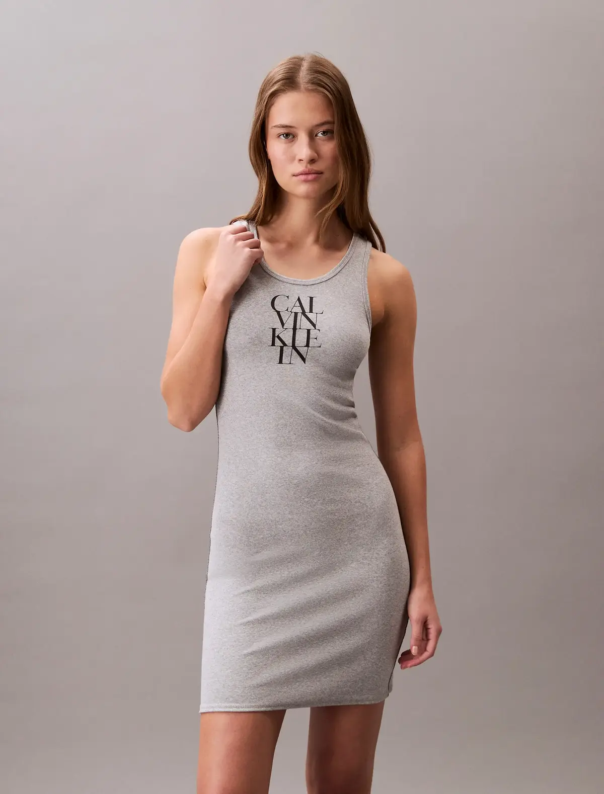 Calvin Klein SL COTTON 1X1 RIB TA, P79 Gri Kadın Elbise