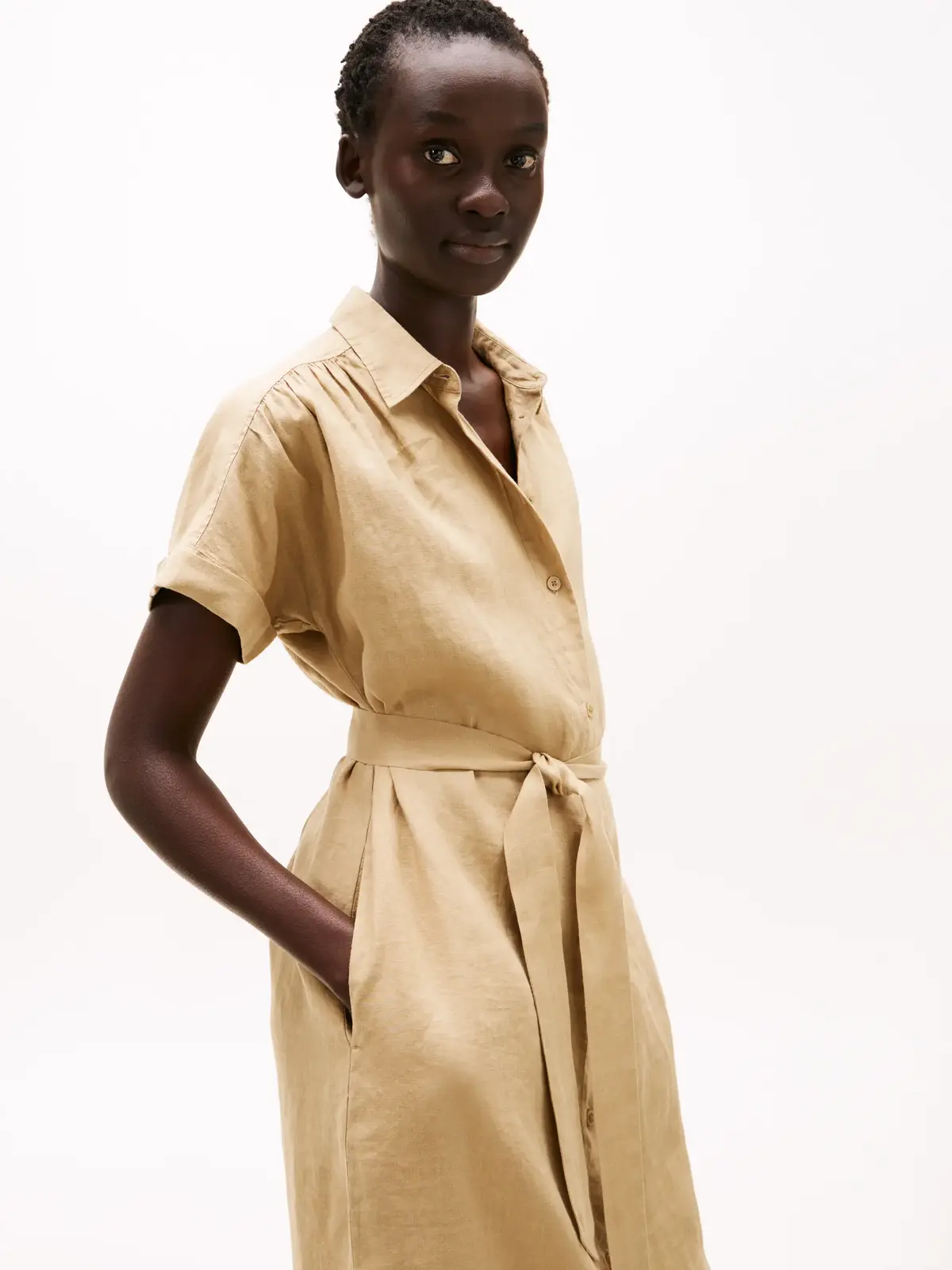 Tommy Hilfiger ESS LINEN S/S MIDI S, AEH Bej Kadın Elbise-Etek