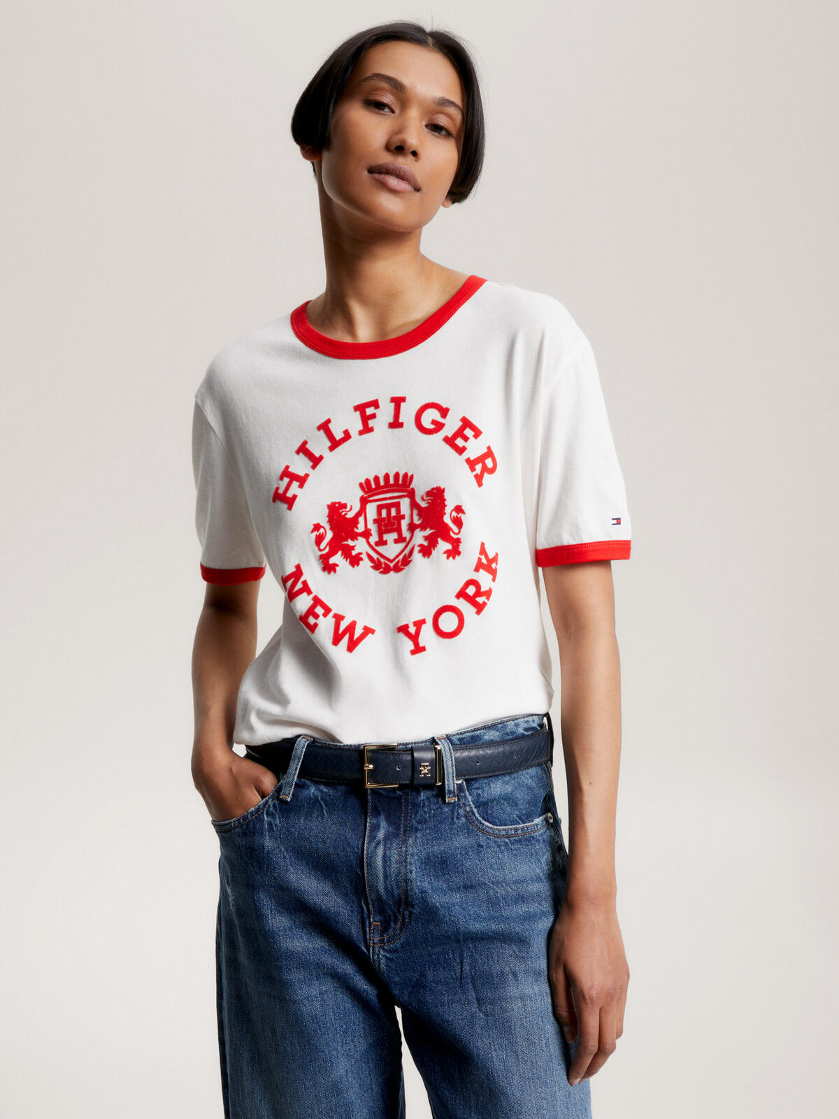 Tommy Hilfiger REG VARSITY FLOCK C- Kadın Krem T-Shirt
