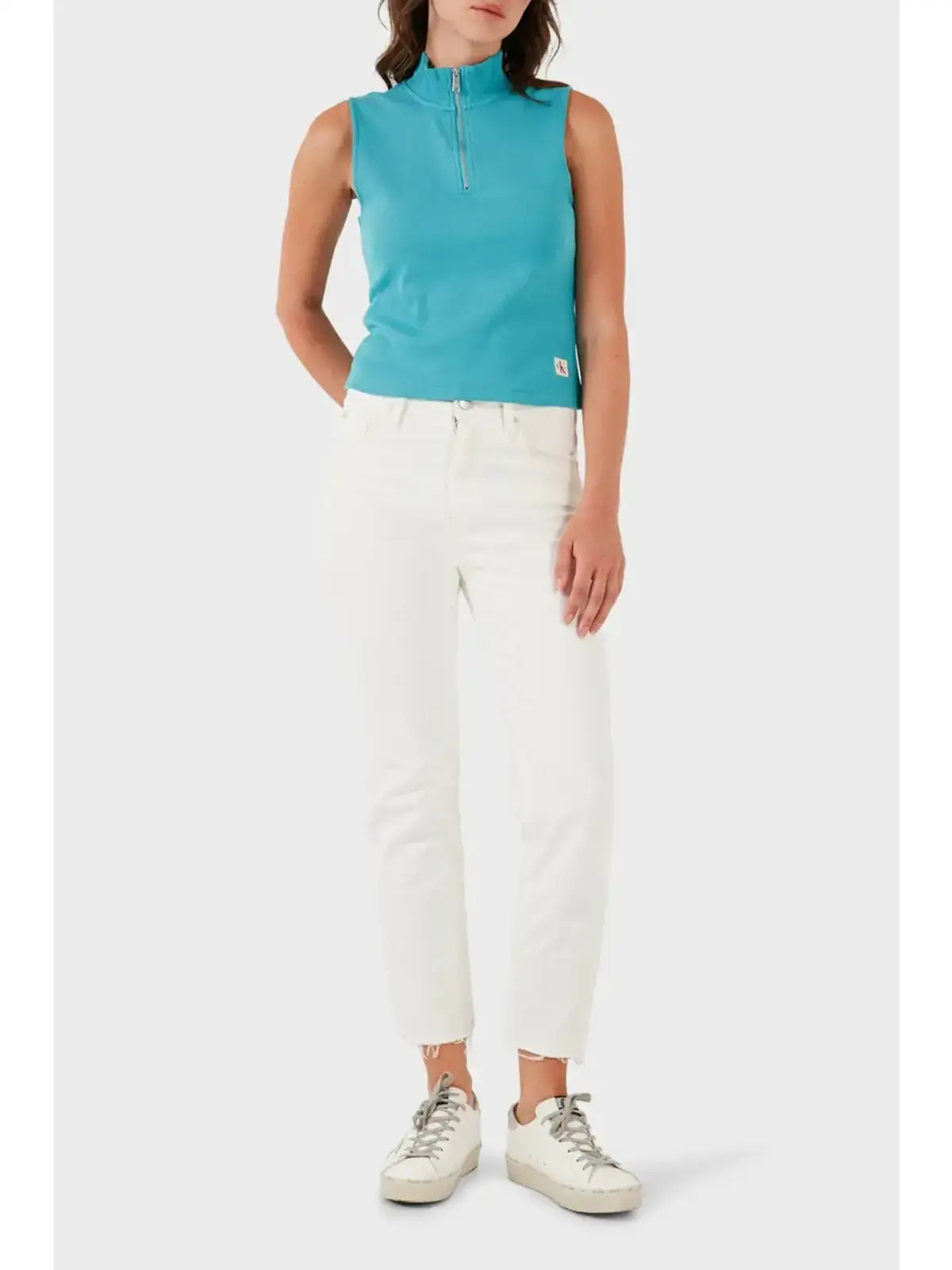 Calvin Klein A- WOVEN LABEL SL QZ TOP Yeşil Kadın Tişört Calvin Klein A- WOVEN LABEL SL QZ TOP Yeşil Kadın Tişört