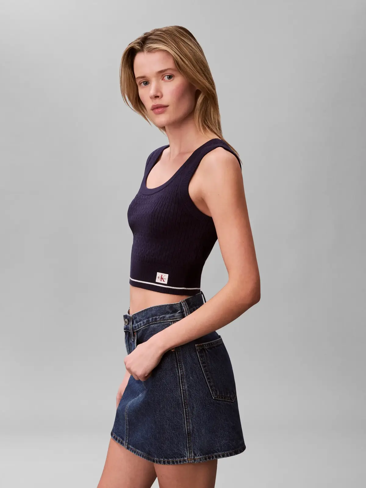 Calvin Klein SL WOVEN LABEL CABLE Lacivert Kolsuz Bluz