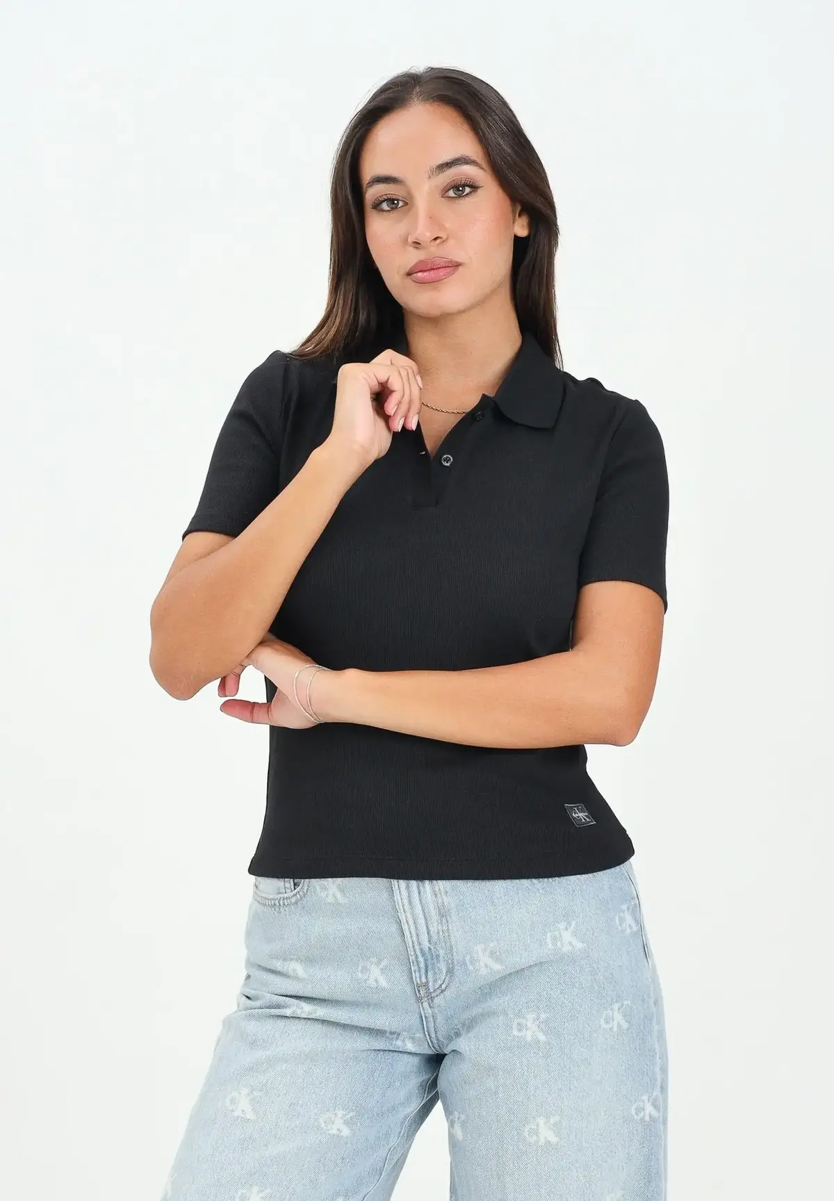 Calvin Klein A - WOVEN LABEL 2X2 RIB POLO Siyah Kadın Polo T-Shirt Calvin Klein A - WOVEN LABEL 2X2 RIB POLO Siyah Kadın Polo T-Shirt