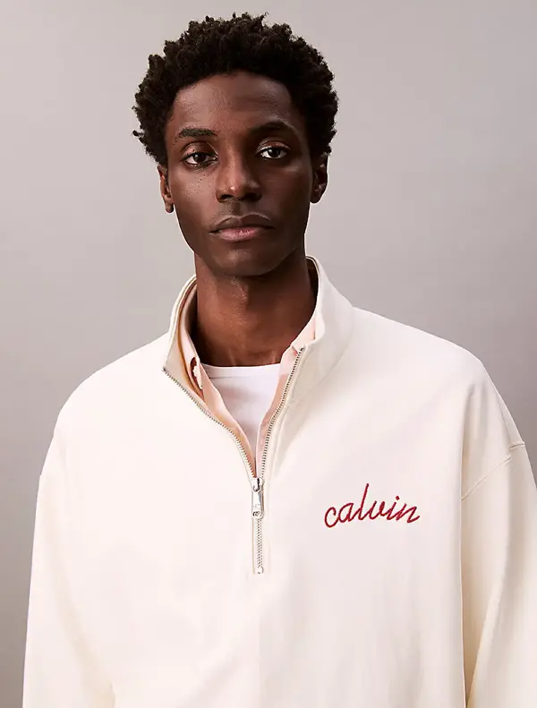 Calvin Klein PREMIUM TERRY CHAIN STITCH QTR Z Bej Erkek Sweatshirt