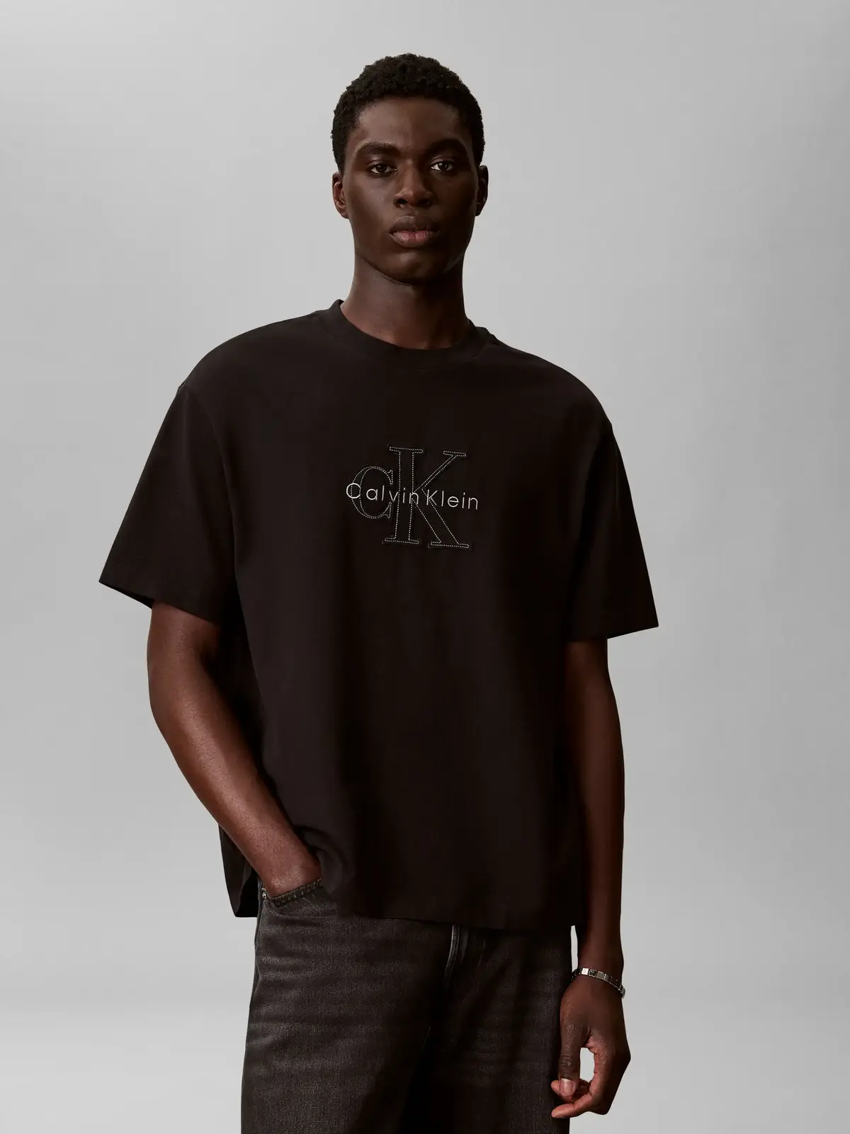 Calvin Klein SS 16S LINEN APPLIQU, UB1 Siyah Erkek T-Shirt