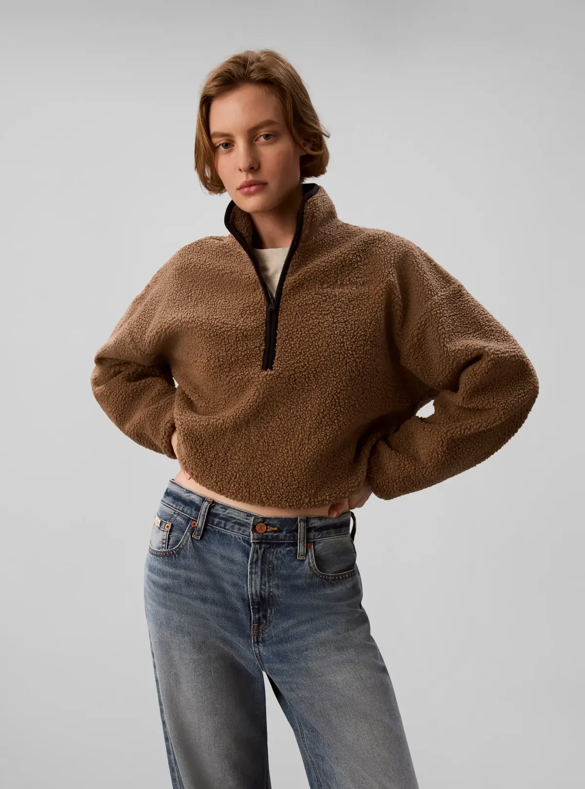 Calvin Klein SHERPA 1/4 ZIP CONTR, RMF Kahverengi Kadın Sweatshirt