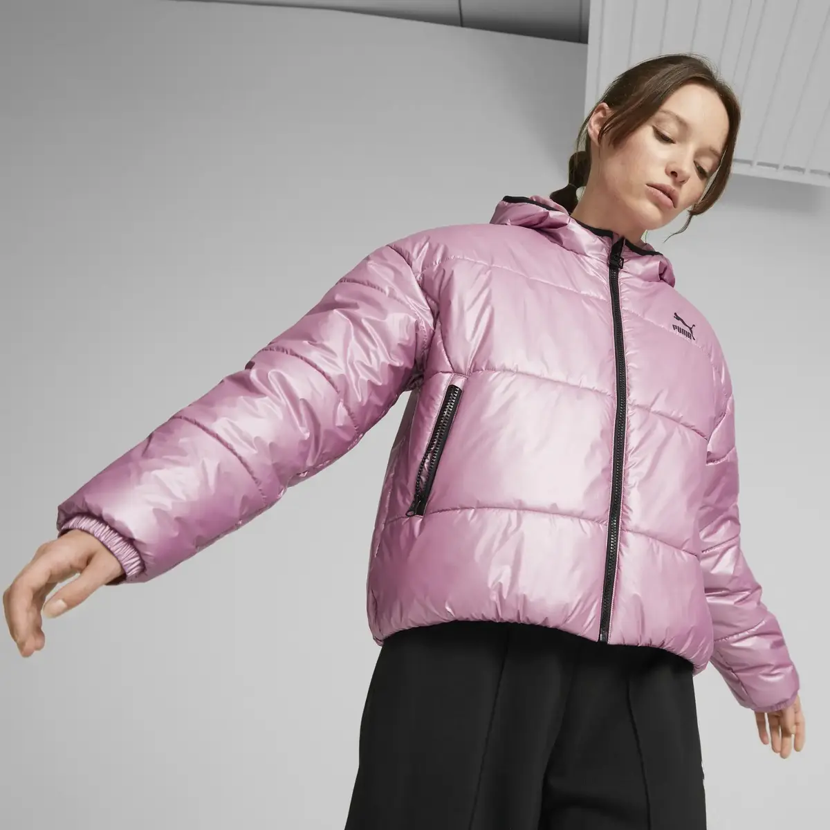 Puma Classics Shiny Padded Jacket Pembe Parlak Kadın Kapüşonlu Şişme Mont
