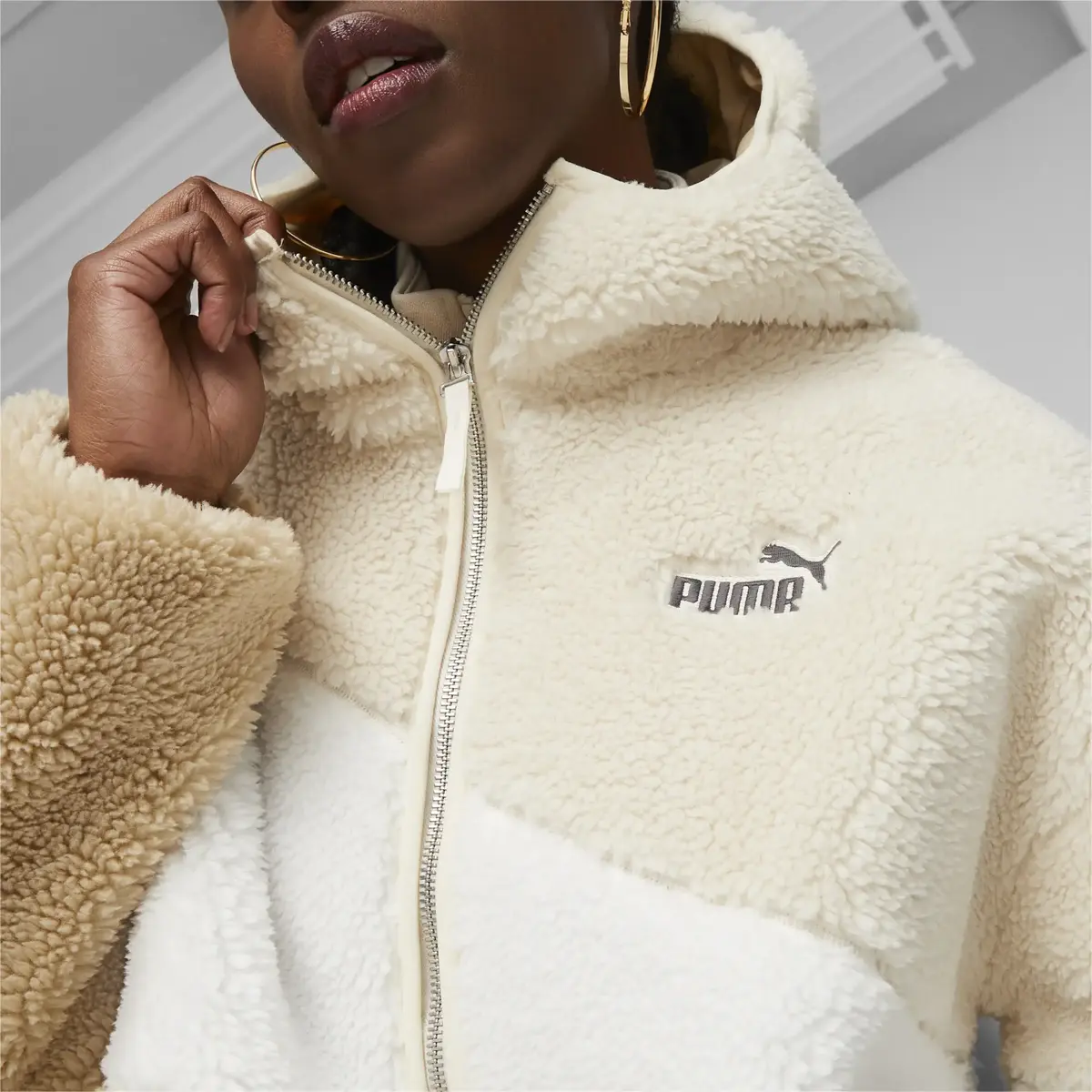 Puma Big Cat Hooded Kadın Bej Sherpa Ceket