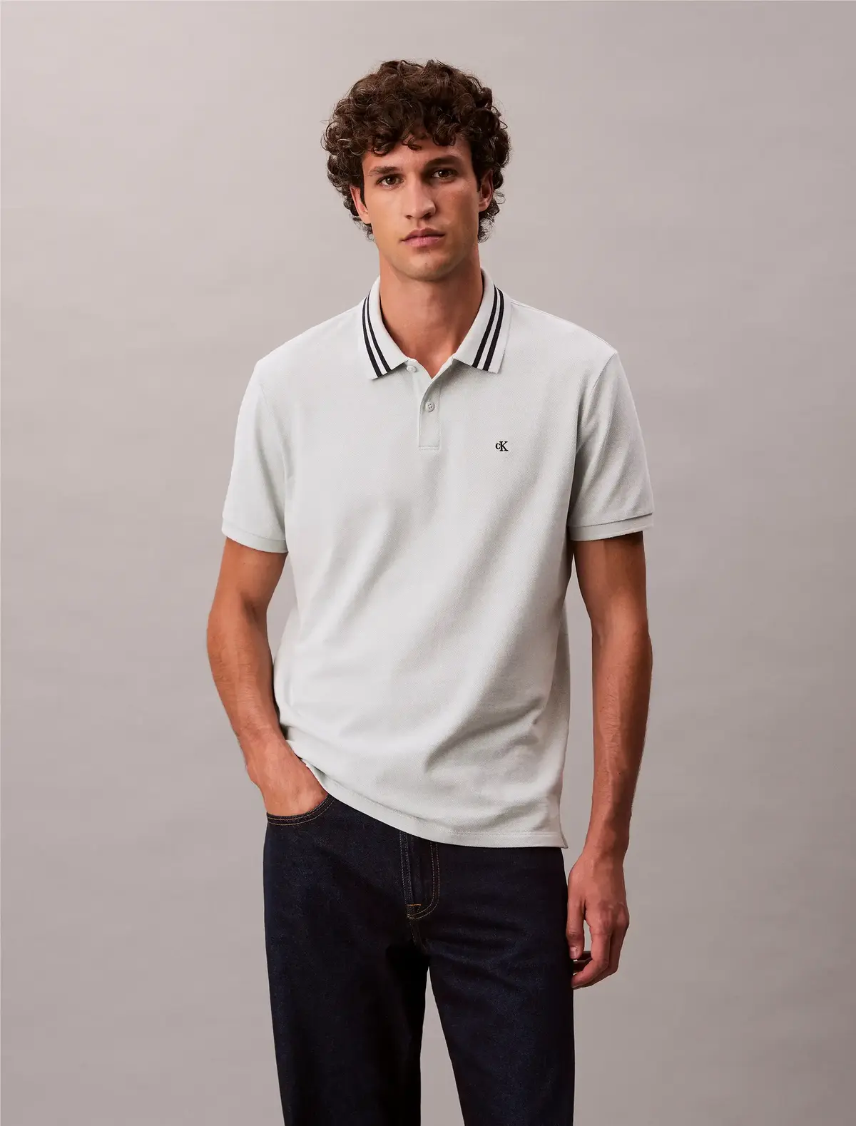 Calvin Klein SS MONOGRAM PIQUE TI, CHE Açık Gri Erkek Polo T-Shirt
