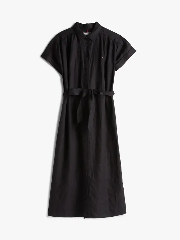 Tommy Hilfiger ESS LINEN S/S MIDI S, BDS Siyah Kadın Elbise-Etek