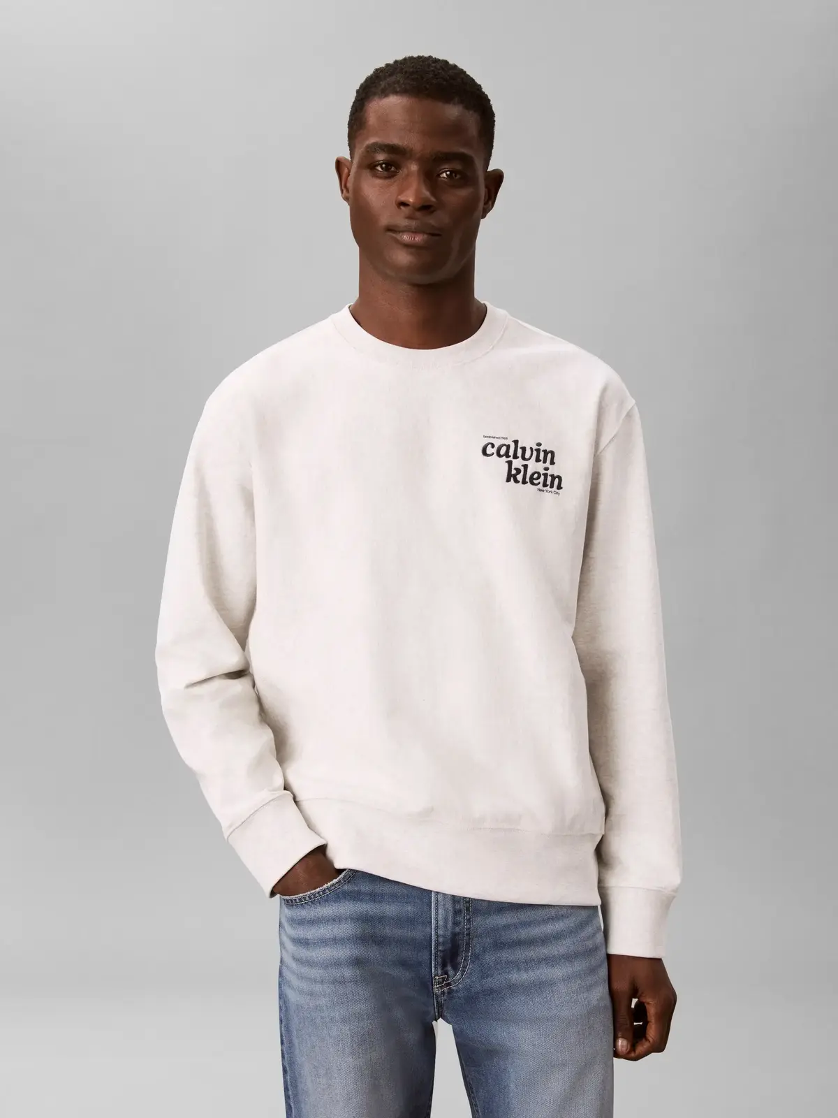 Calvin Klein LS PREMIUM TERRY GRP, P74 Krem Erkek Sweatshirt