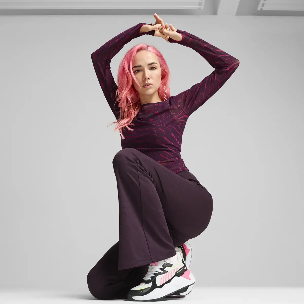 Puma DARE TO Mesh Long Sleeve Tee Bordo Kadın T-Shirt & Polo