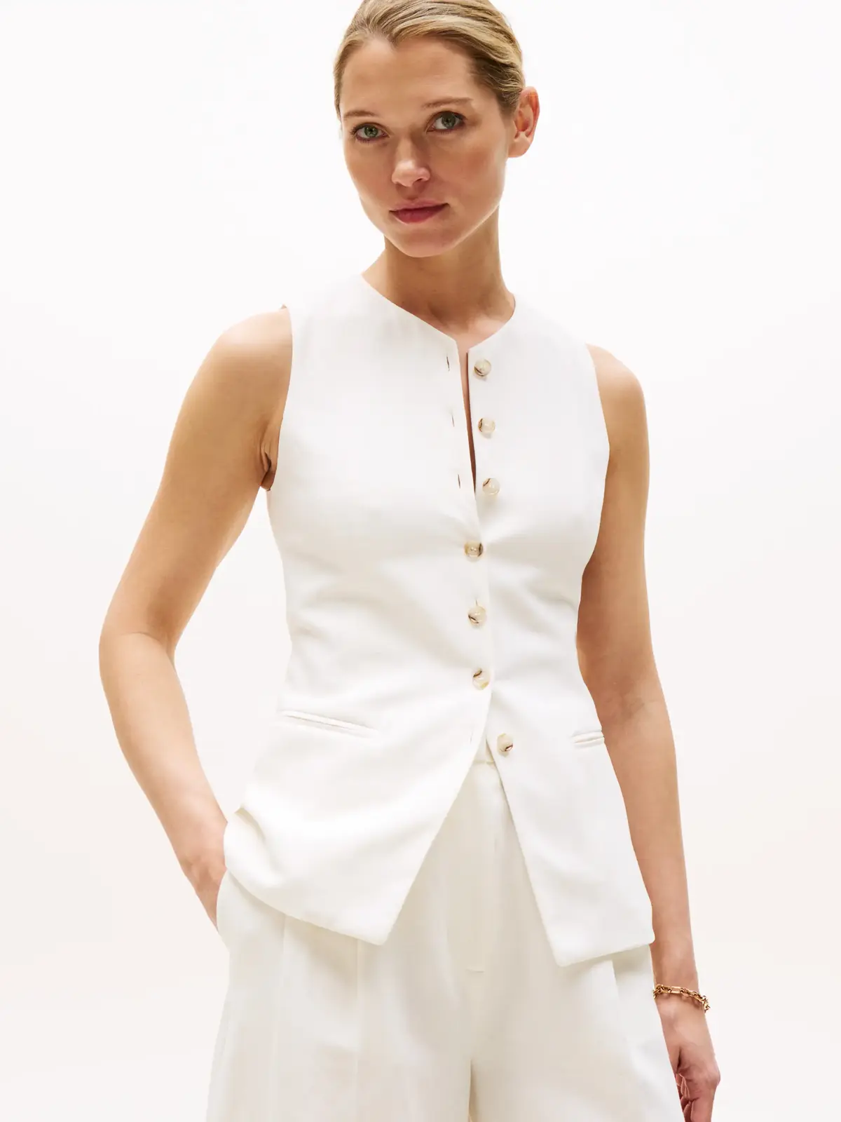 Tommy Hilfiger LINEN MIX SLIM WAIST, Z00 Krem Kadın Yelek