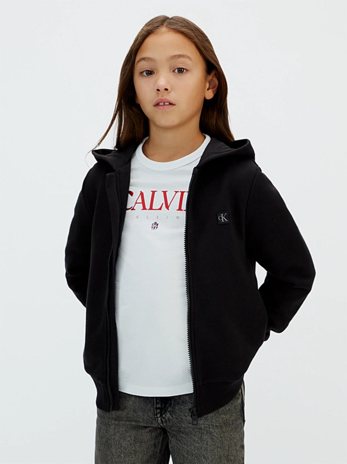 Calvin Klein MINI BADGE ZIP-THROU Siyah Çocuk Kapüşonlu Sweatshirt