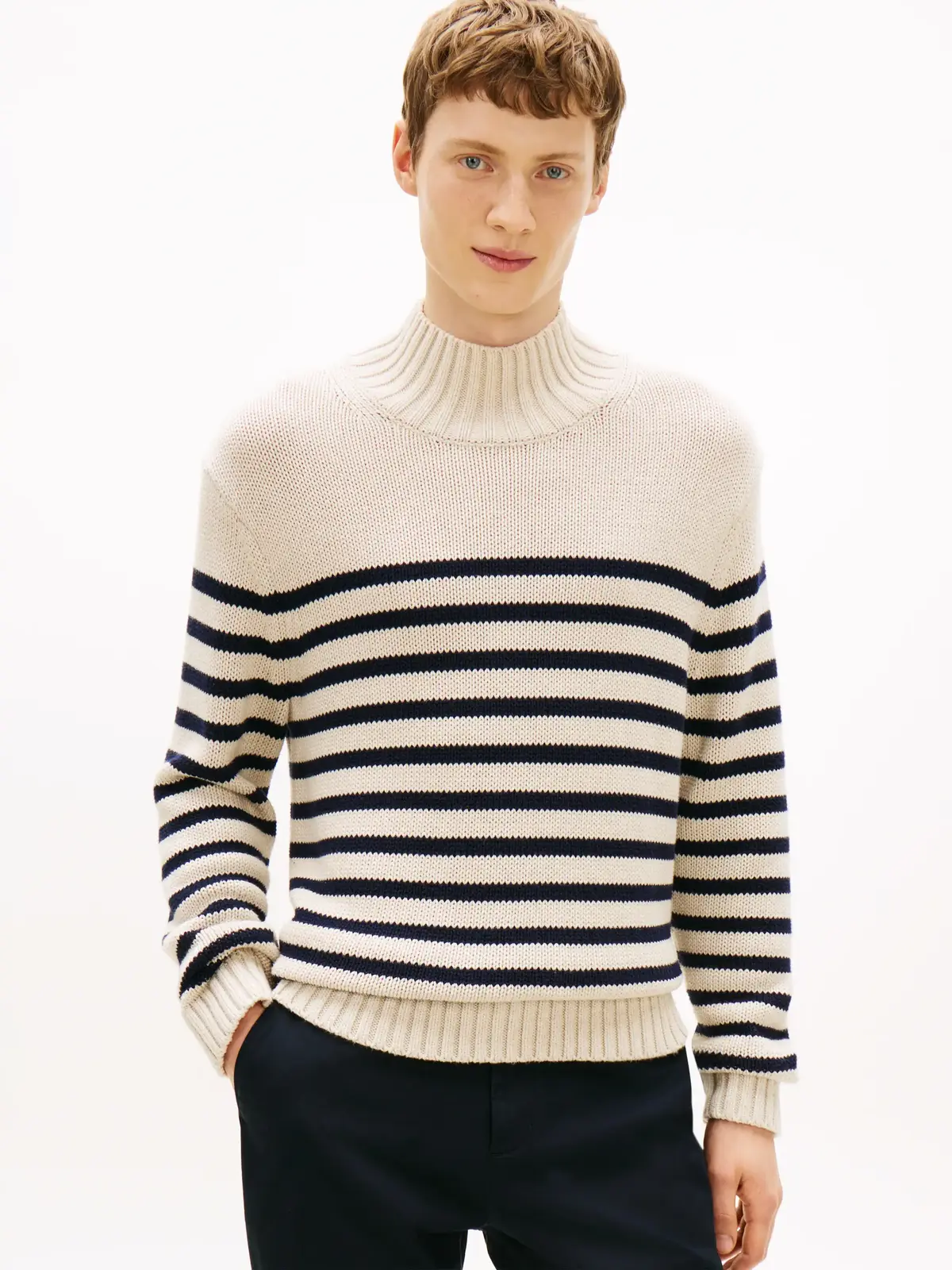 Tommy Hilfiger BRETON COTTON STRIPE, 0BP Krem Erkek Kazak