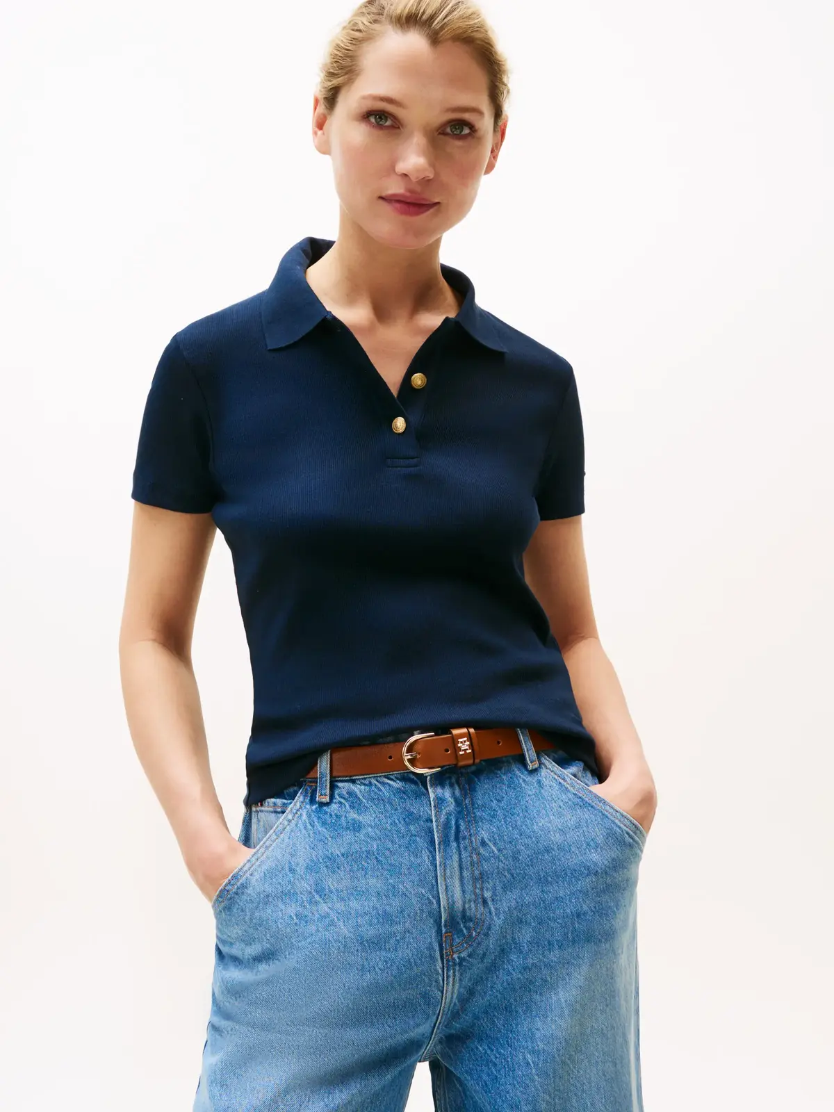 Tommy Hilfiger SLIM GOLD BUTTON POL, C1G Lacivert Kadın T-Shirt & Polo